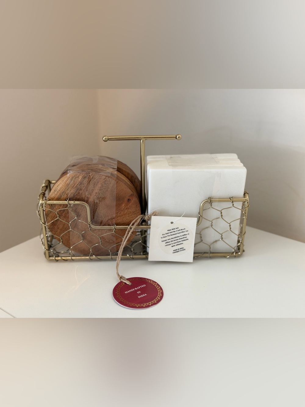 Set of 8 Plate Coasters 4 Marble 4 Wood with Gold Tone Metal Holder